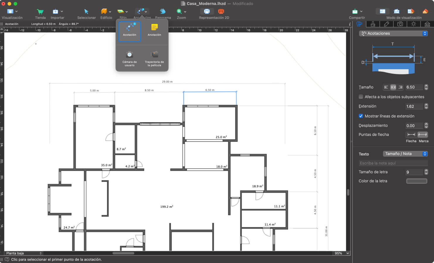 Un plano de planta con la herramienta Acotación en Live Home 3D para Mac.