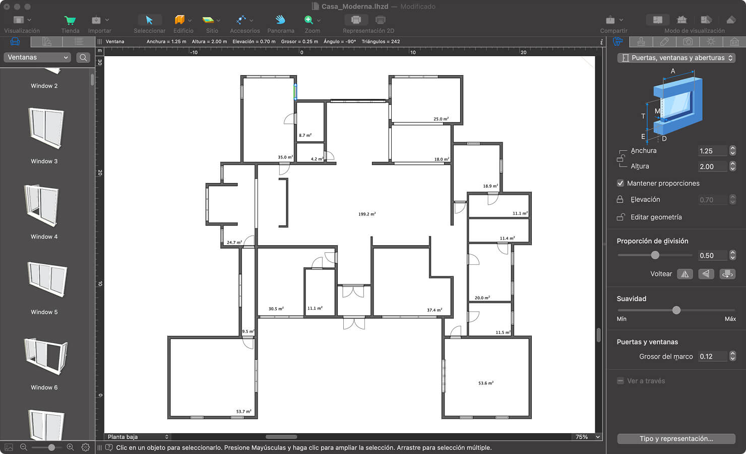 Un plano de planta con ventanas en Live Home 3D para Mac.