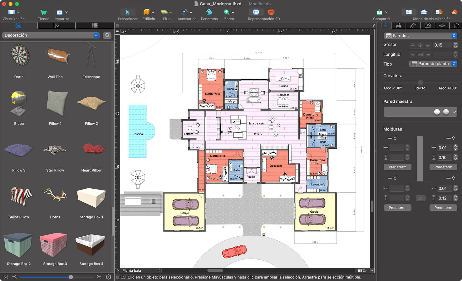 Un plano de planta con el mobiliario en Live Home 3D para Mac.
