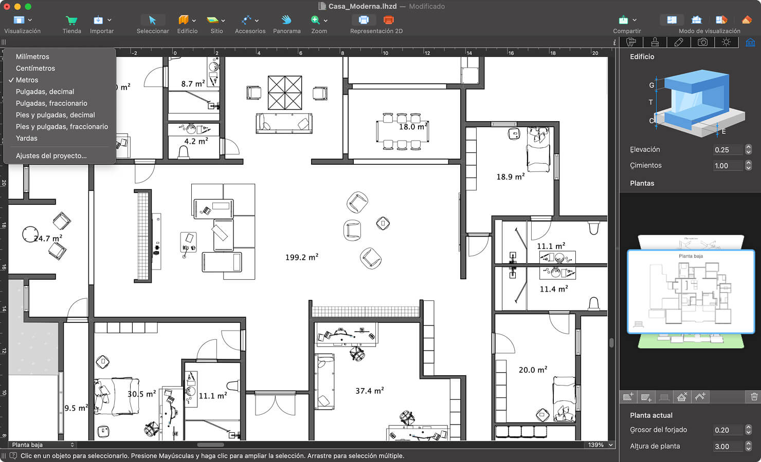 Un plano de planta con la selección de unidades de medida en Live Home 3D Pro.