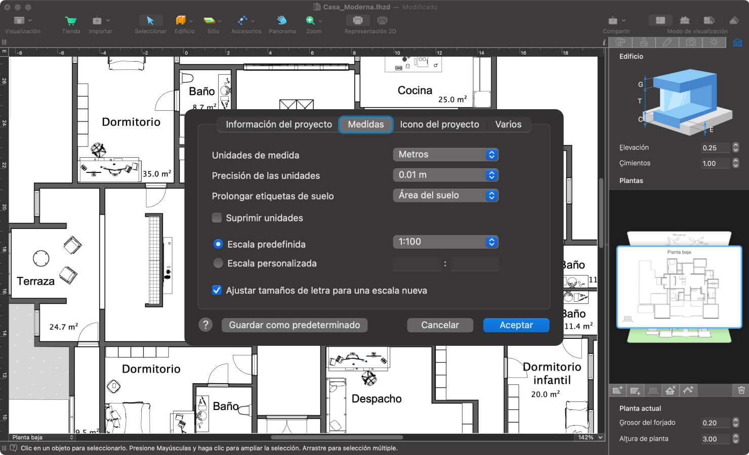 Un plano con la pestaña Medidas del cuadro de diálogo Ajustes del proyecto de Live Home 3D.