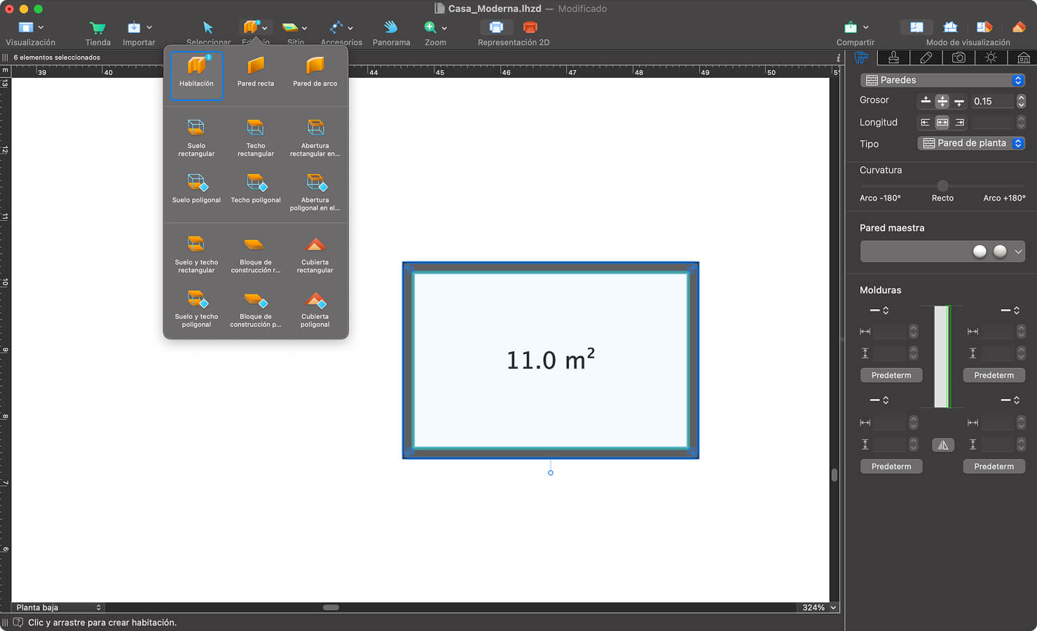 La herramienta Habitación seleccionada en Live Home 3D Pro para Mac.