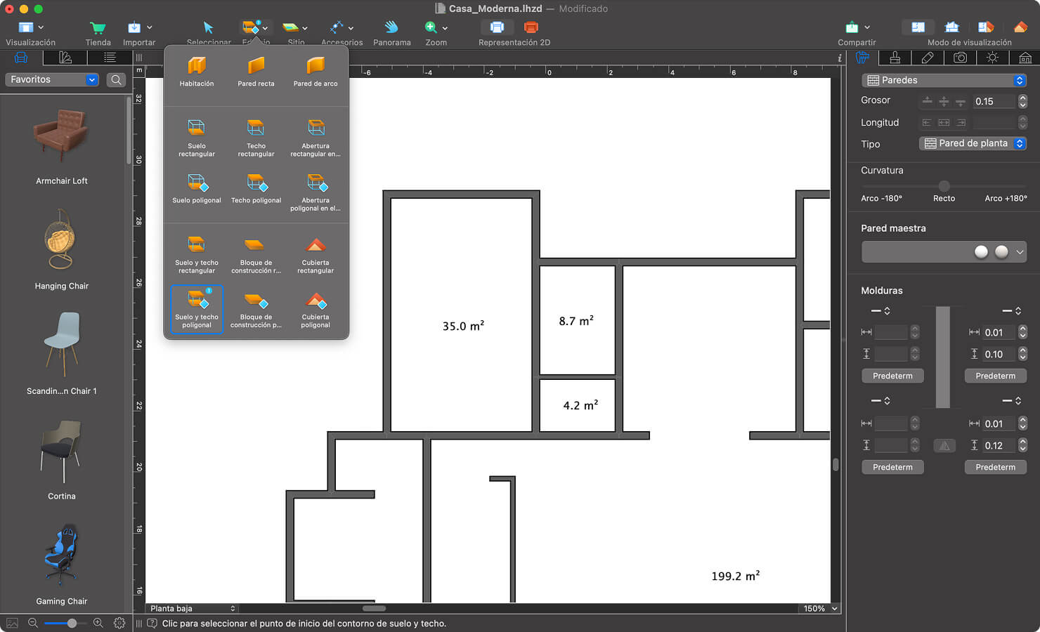 La herramienta Suelo y techo poligonal seleccionada en Live Home 3D Pro para Mac.