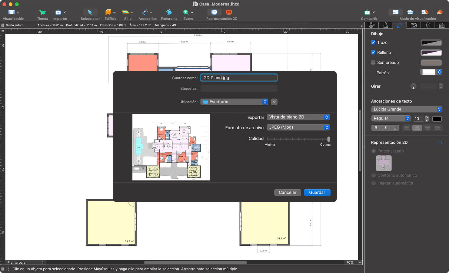 Cuadro de diálogo Exportar en Live Home 3D Pro para Mac.