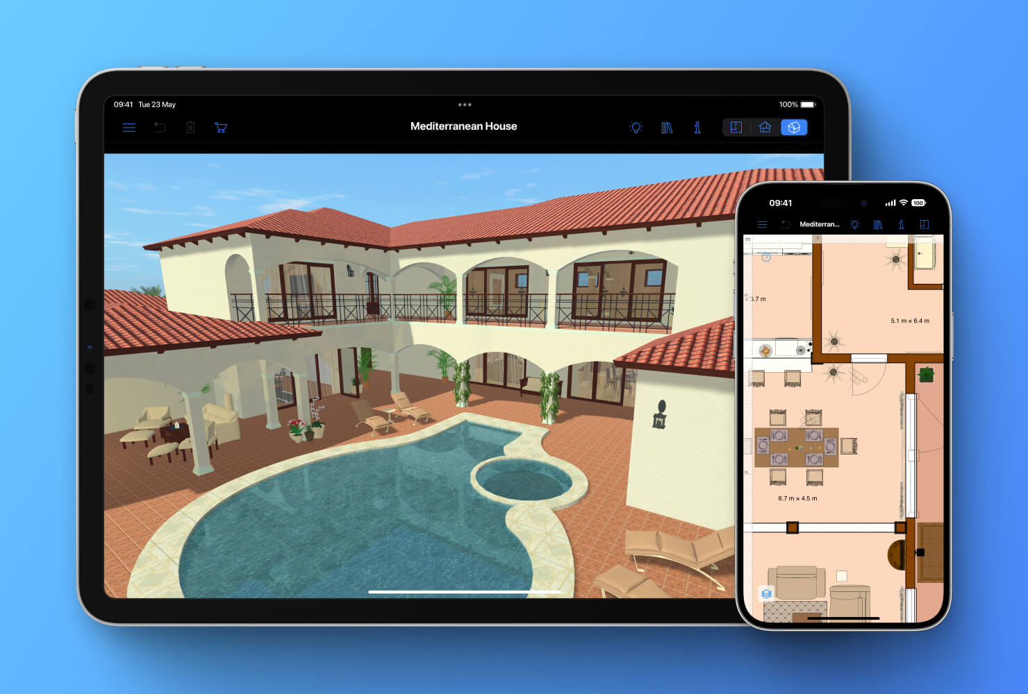 Un diseño de casa en 3D y un plano en 2D en la aplicación Live Home 3D en un iPad y un iPhone.