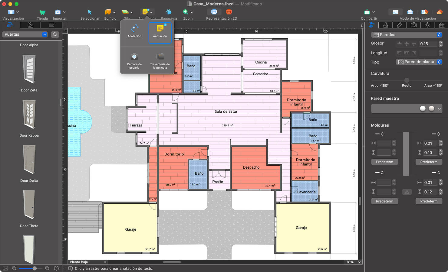 Un plano de planta con áreas diferenciadas por colores en Live Home 3D Pro para Mac.