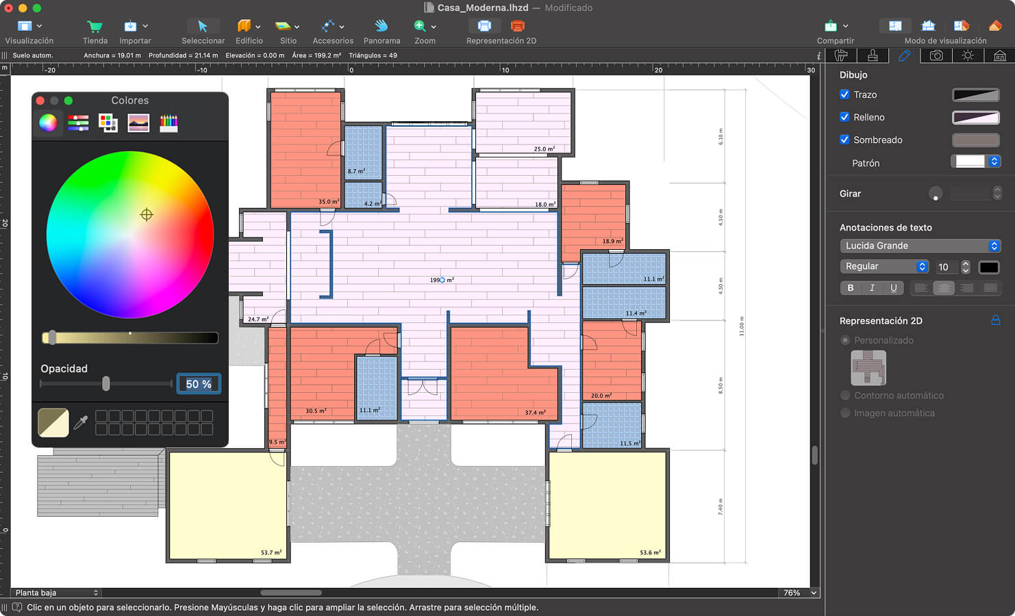 Un plano de planta con áreas diferenciadas por colores en Live Home 3D Pro para Mac.
