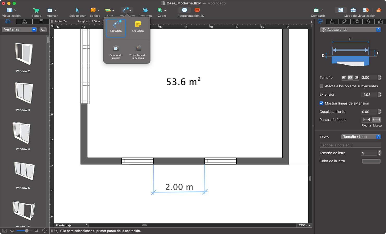Un plano de planta con la herramienta Acotación seleccionada en Live Home 3D para Mac.