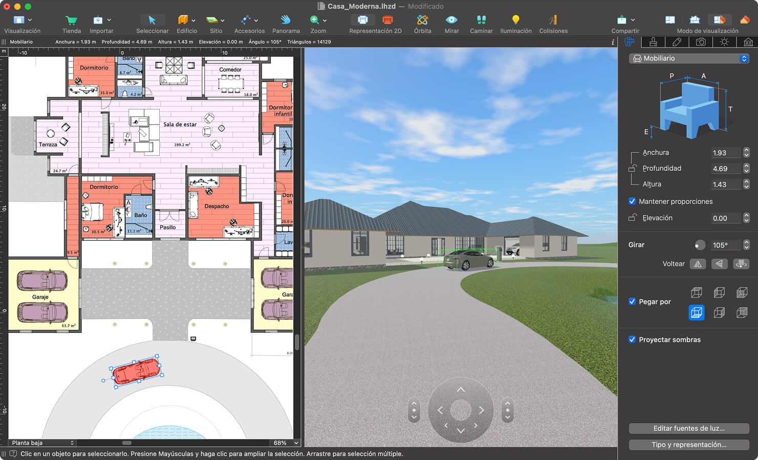 El modo dividido en Live Home 3D para Mac.