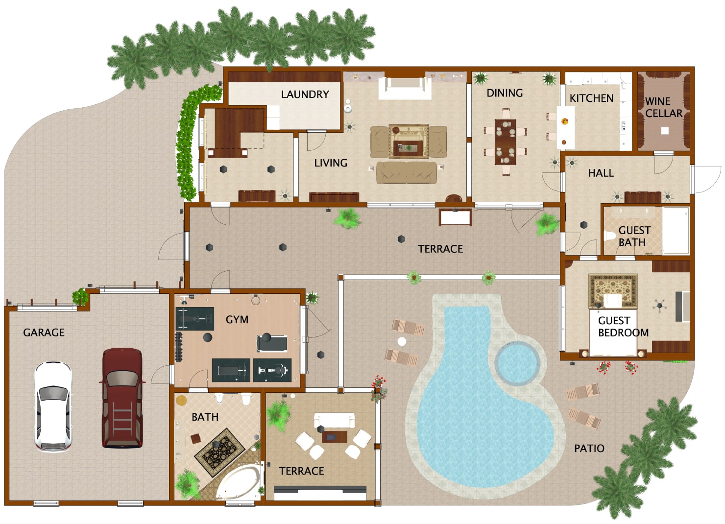 A floor plan of a house with a pool made in Live Home 3D.