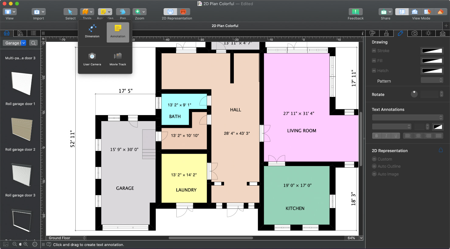 A floor plan with different areas marked with separate colors in Live Home 3D Pro for Mac.