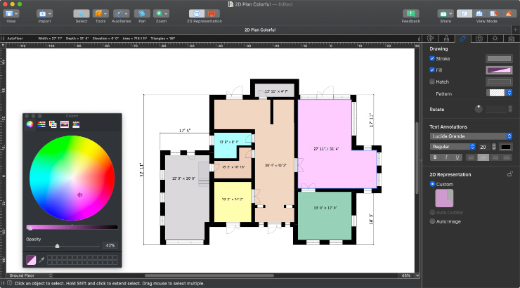 A floor plan with different areas marked with separate colors in Live Home 3D Pro for Mac