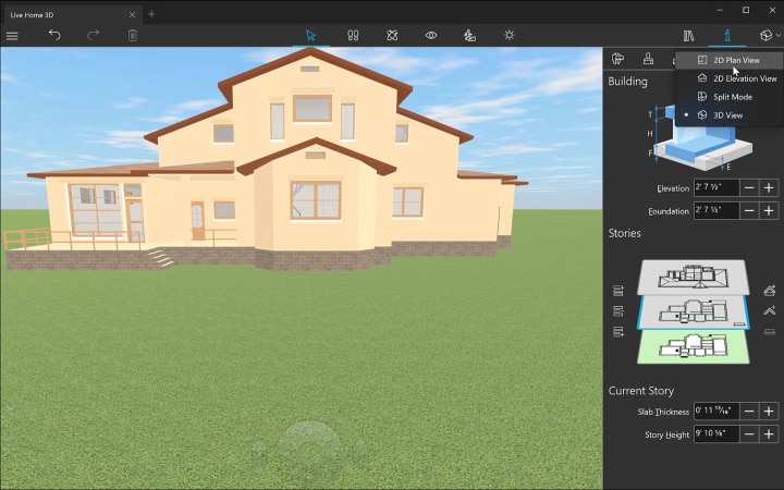 3D plan view of Live Home 3D for Windows with the view drop down list.