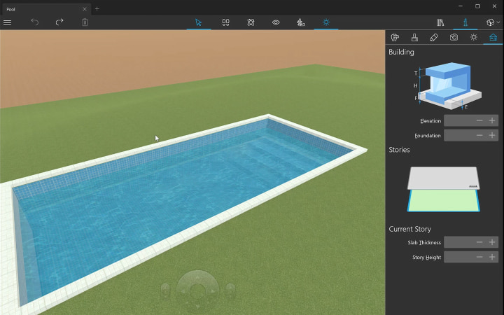 Adding a plain surface imitating water to a pool in Live Home 3D Pro for Windows.