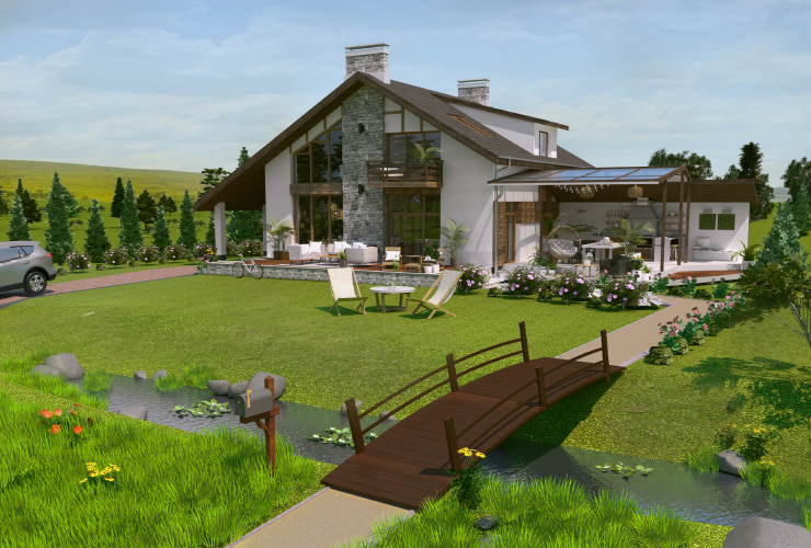 A house with the terrain around it created in Live Home 3D Pro.