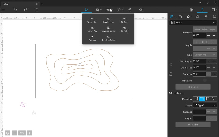 Editing a landscape with the help of elevation spline tools in Live Home 3D Pro for Windows.