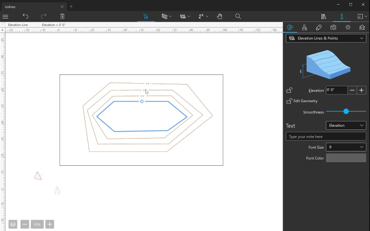 Modifying a terrain with the help of elevation line tool in Live Home 3D Pro for Windows.