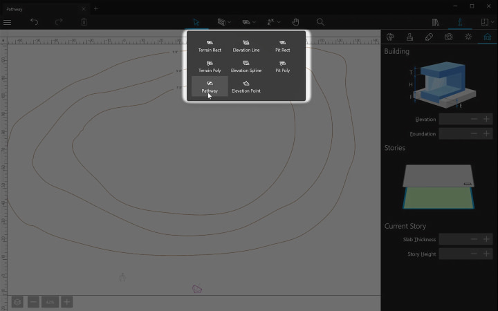 Pathway tool selected from the terrain editing tools of Live Home 3D Pro for Windows.