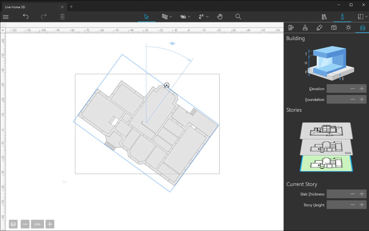 Rotating a house on Site level in Live Home 3D for Windows.
