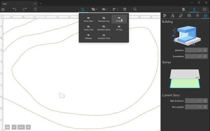 Selecting a pit tool among the terrain editing tools of Live Home 3D Pro for Windows.