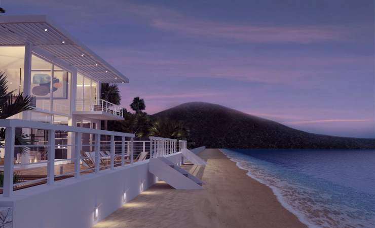 A beach villa project with terrain around it created in Live Home 3D Pro.