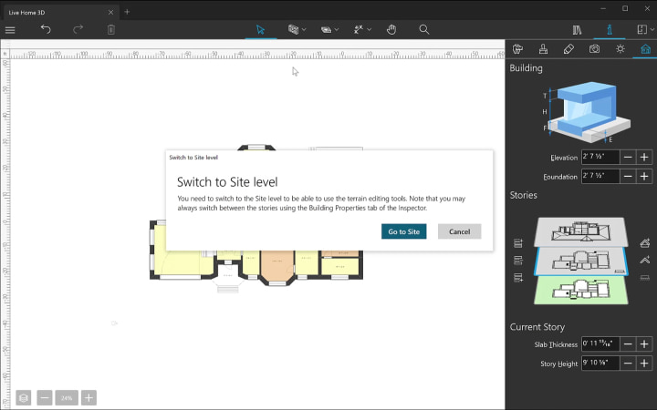 Live Home 3D for Windows with the switch to site level dialog.