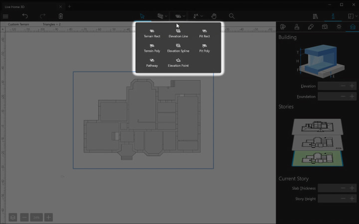 Activating the terrain editing tools of Live Home 3D for Windows.