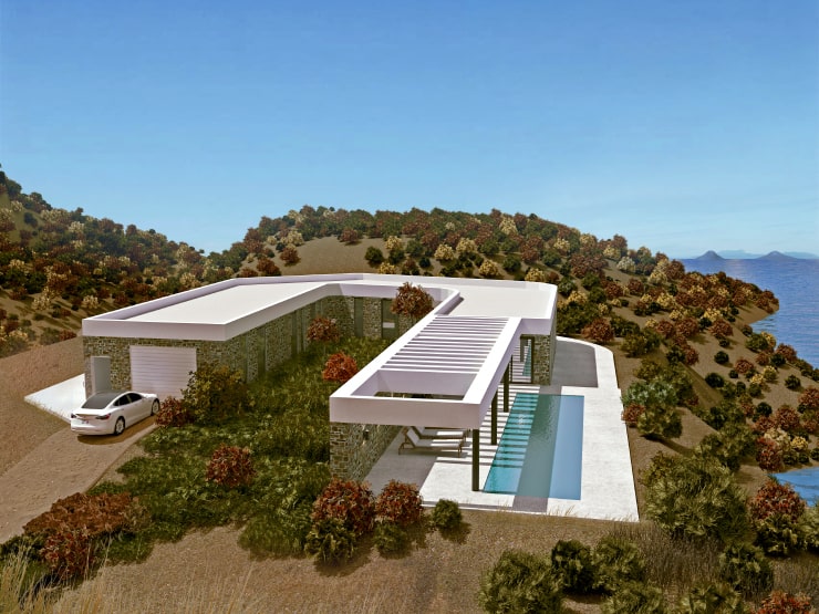 A modern house with a pool on a hill near the sea designed in Live Home 3D Pro.