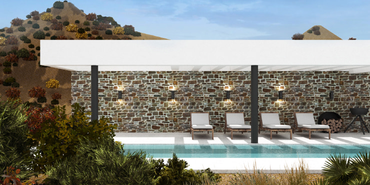 A swimming pool with a hill on the background designed in Live Home 3D Pro.