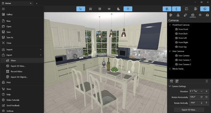 A kitchen design with the Export dialog in Live Home 3D for Windows