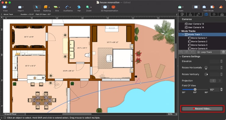 A house floor plan with a movie track in Live Home 3D Pro for Mac