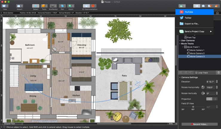 A house floor plan with YouTube sharing in Live Home 3D for Mac
