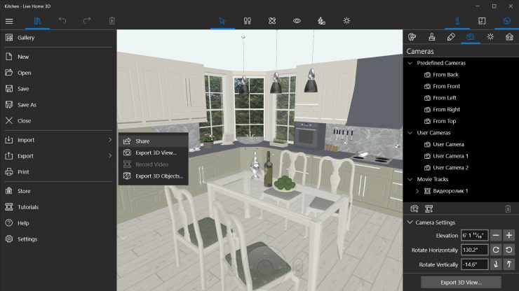 A kitchen design with the Export dialog in Live Home 3D for Windows