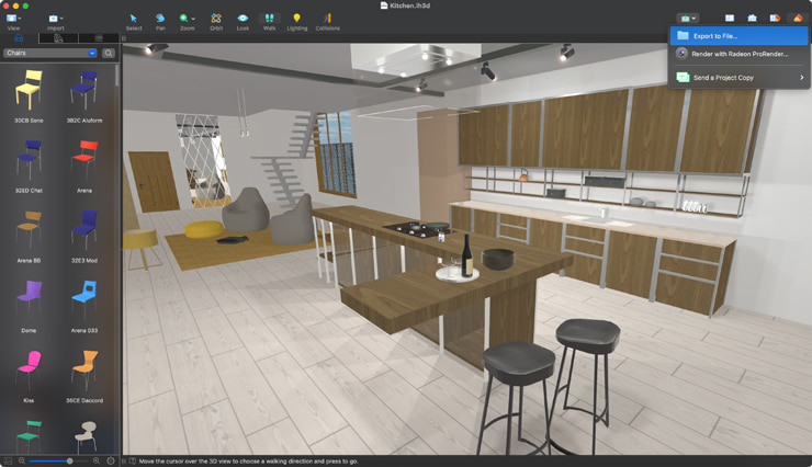 A screenshot of a kitchen with the Export to File dialog in Live Home 3D for Mac