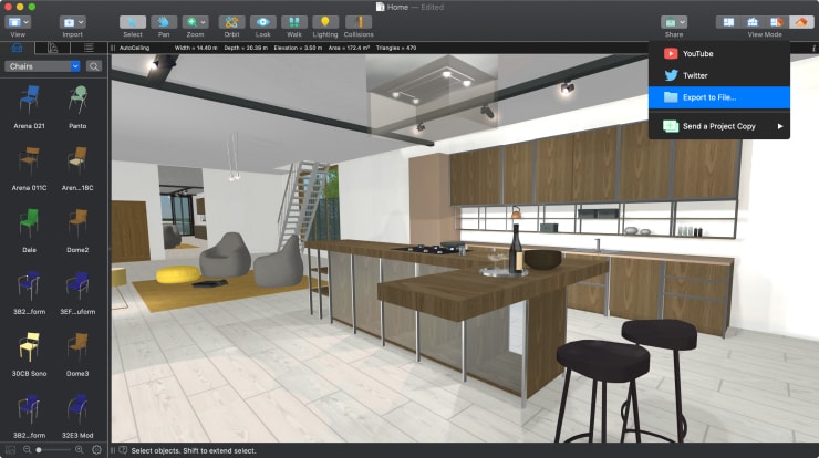 A screenshot of a kitchen with the Export to File dialog in Live Home 3D for Mac