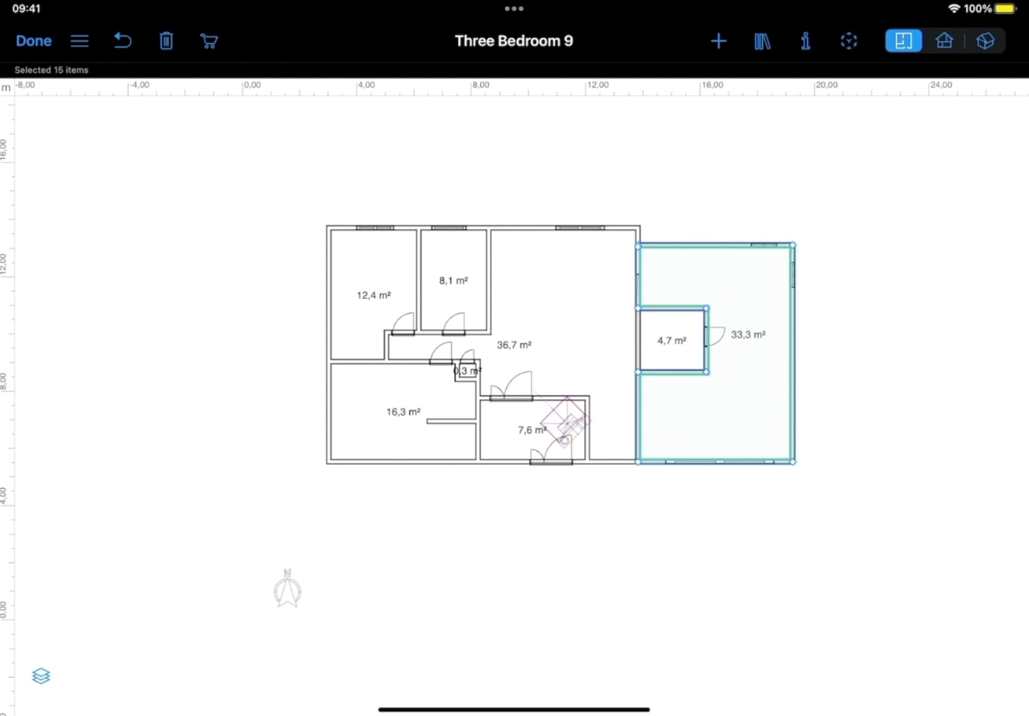 A screenshot with a copy of a real room being added on the 2D plan of a house project opened in Live Home 3D for iPad.