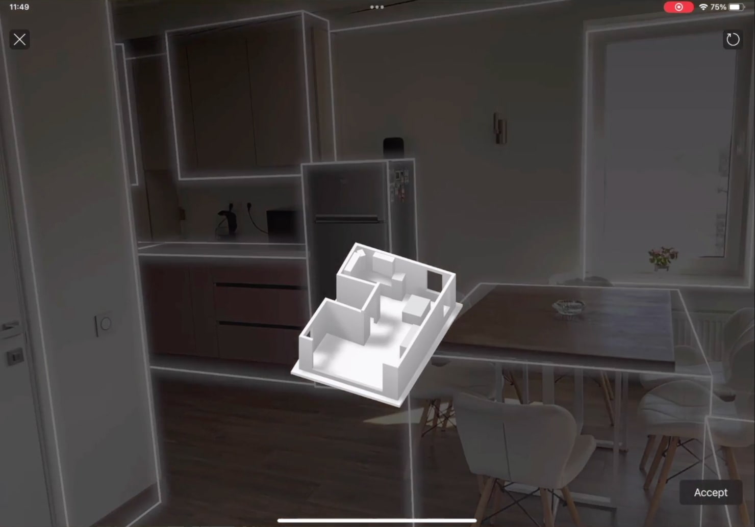 A screenshot with a room created with the help of the Room Scanner in Live Home 3D for iPad.