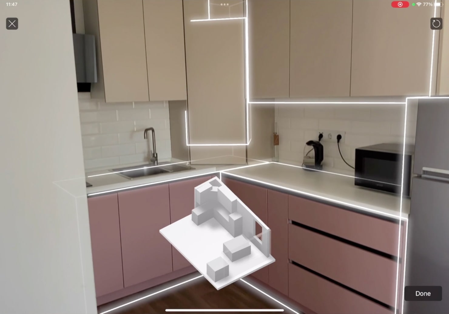 A screenshot showcasing the room scanning process in Live Home 3D for iPad.