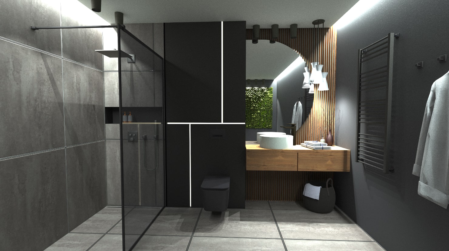 Contemporary gray bathroom designed and rendered in Live Home 3D for Mac.
