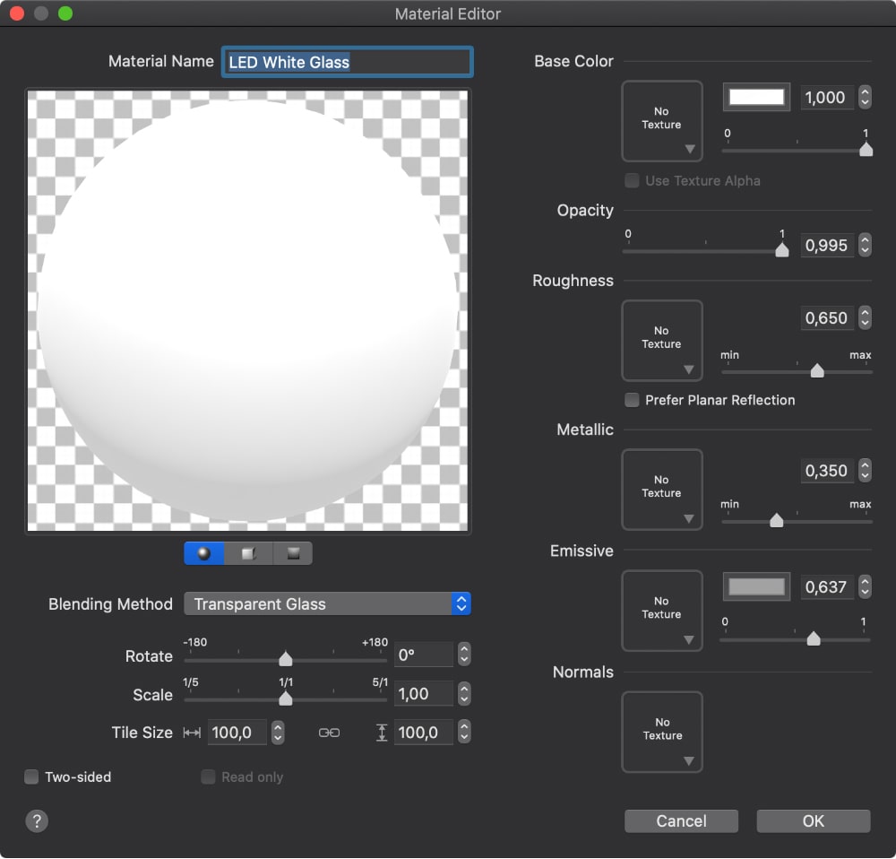 Material Editor settings window opened in Live Home 3D for Mac.