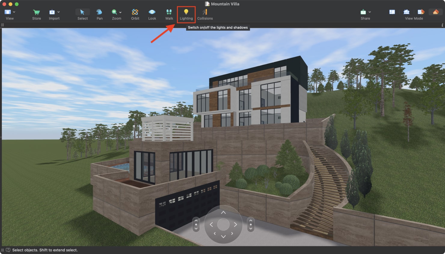 A screenshot of the mountain villa project designed in Live Home 3D and available in the contemporary houses in-app.