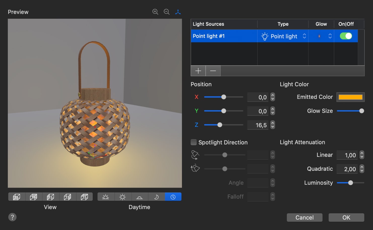 The point light type of the light source editor in Live Home 3D.