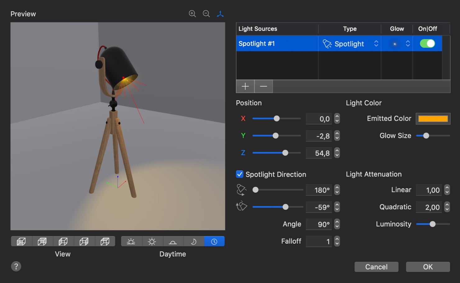 The spotlight type of the light source editor in Live Home 3D.