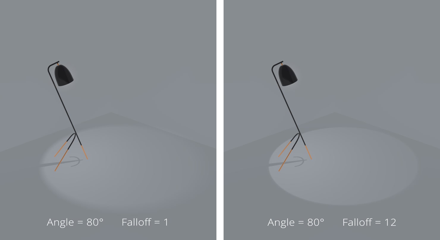 An example of a spotlight with different falloffs in Live Home 3D.