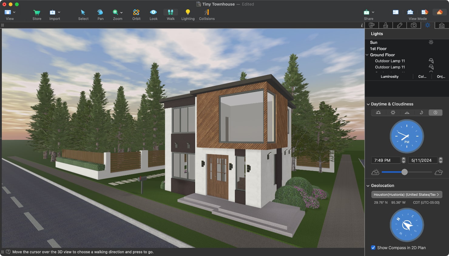 Sunset view of the tiny townhouse opened in Live Home 3D for Mac.
