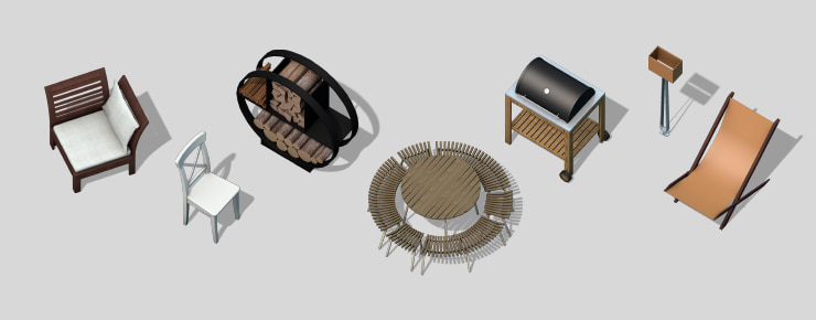 Furniture 3D models on the gray background