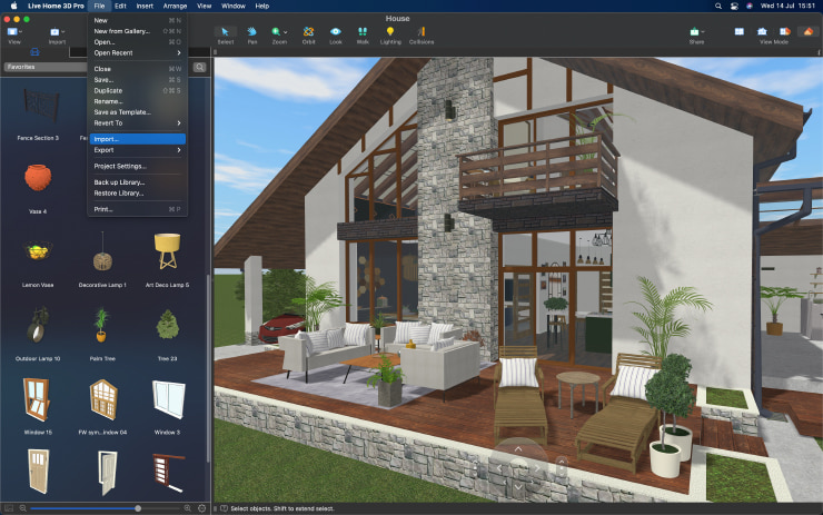 Live Home 3D Pro for Mac with the house project and the Import menu