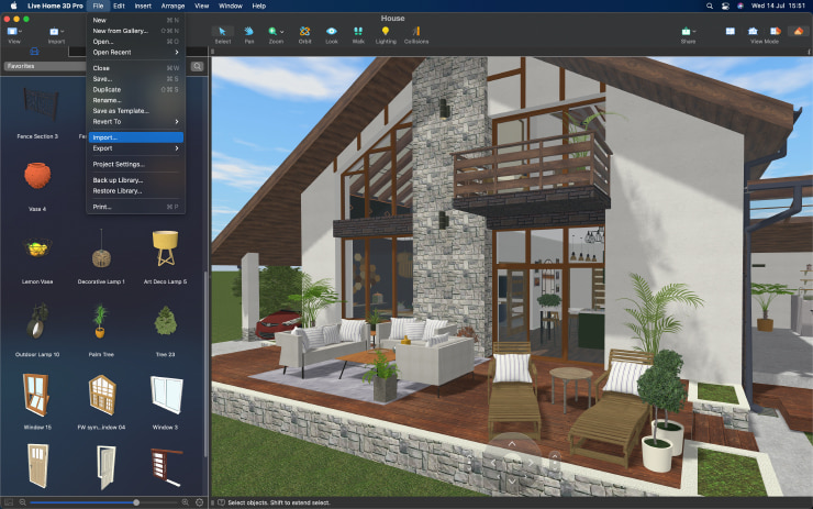 Live Home 3D Pro for Mac with the house project and the Import menu