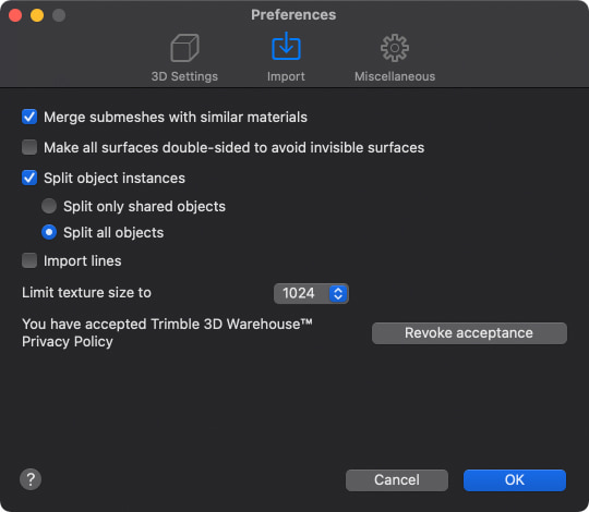 Import tab of the Preferences dialog of Live Home 3D for Mac
