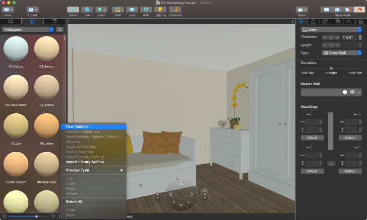 A screenshot showcasing how to add a new material in Live Home 3D for Mac.